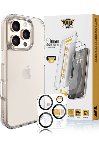 Buff Apple Uyumlu iPhone 16 Pro Max - Kılıf + Ekran Koruyucu + Lens Koruyucu Şeffaf