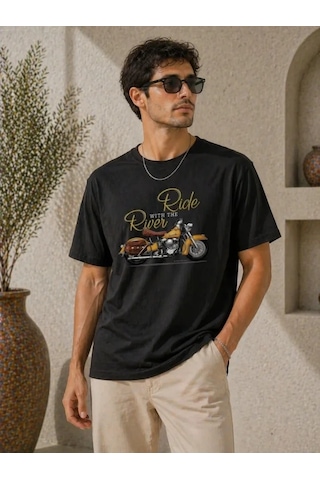 Defymoda Erkek Motosiklet Baskılı Tişört Bisiklet Yaka Kısa Kol Yazlık T-shirt - Siyah