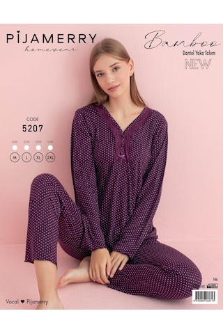 Pijamerry Kadın Bambu Baharlık Dantel Yaka Uzun Kol İnce Pijama Takımı 5207m - 1 Adet Mor