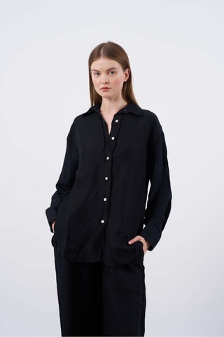 Kadın Keten Gömlek Pantolon Takım Siyah