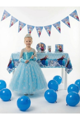 Butikhappykids Frozen Elsa Temalı Kız Çocuk Prenses Elbise Kollu Tüllü Kabarık Taç Asa Eldiven + Doğum Günü Parti Seti Hediyeli Mavi