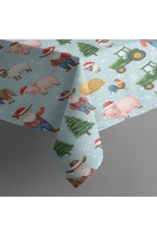 Noel Desenli Dikdörtgen Masa Örtüsü 60x84 İnç, Su Geçirmez Ve Leke Tutmaz Noel Çiftlik Baba Noel