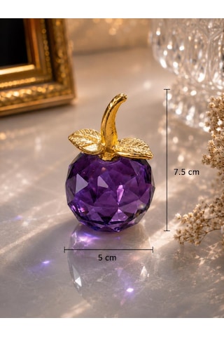 Mor Kristal Elma Biblo Mini Boy 7.5 Cm Dekoratif Cam Obje Gold Yapraklı Lüks Masa Üstü Süs