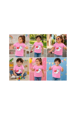 Urbantrendstore Peppa Pig Temalı Unisex Kız Çocuk Erkek Çocuk Bisiklet Yuvarlak Yaka Basic Kısa Kollu %100 Pamuk Tişört Pembe