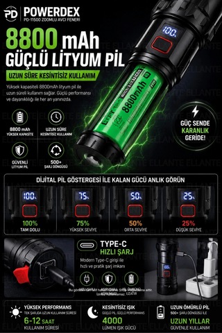 Profesyonel Zoomlu Avcı Feneri 40w 4000 Lümen 8800 Mah Şarjlı Led El Feneri Dijital Batarya Gösterge Çok Renkli