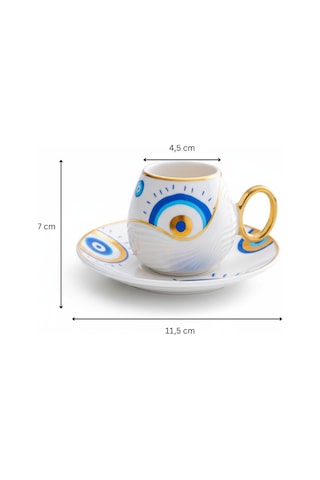 Evil Eye Nazar Boncuğu Desenli 6 Kişilik Porselen Kahve Fincan Takımı Beyaz
