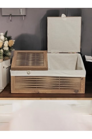 Ahşap 2 Kapaklı Ekmek Sepeti Yıkanabilir Kumaşlı Atlantik Çam Ahşap