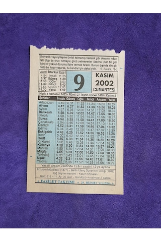 9 Kasım 2002 Takvim Yaprağı - Nostalji Koleksiyonluk Takvim Yaprağı