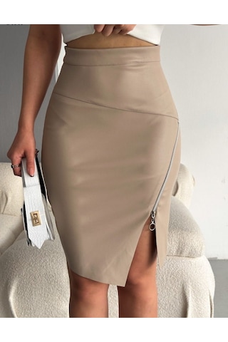S-pazarım Kadın Fermuarlı Deri Kumaş Mini Etek Bej