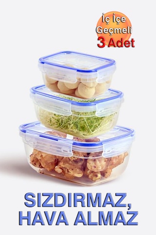 Lock&fresh Contalı Dikdörtgen Saklama Kabı 400, 800, 1400ml Üçlü Set Mavi