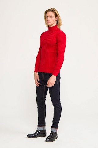 Cekmon Erkek Slim Fit Fitilli Likralı Düz Renkli Triko Boğazlı Kazak Kırmızı