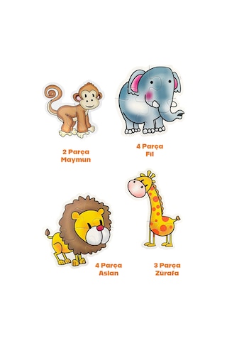 13 Parça Hayvan Figürlü Puzzle Seti - Aslan Fil Zürafa Maymun Şekilli 2-3 Yaş Eğitici Yapboz