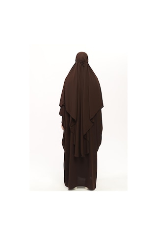 Altobeh Sultanbaş Nikaplı Çarşaf Cilbab Khimar Abaya Kolu Lastikli Hakim Yaka Peçeli Ferace Medine İpek Kahverengi 1412-12-s-m Kahverengi