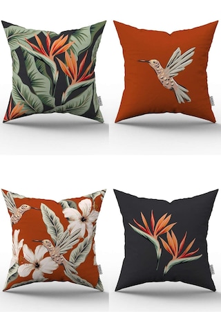 Turuncu Çiçek Kuş Desenli Dijital Baskılı Kırlent Kılıfı Seti 4kmbs324