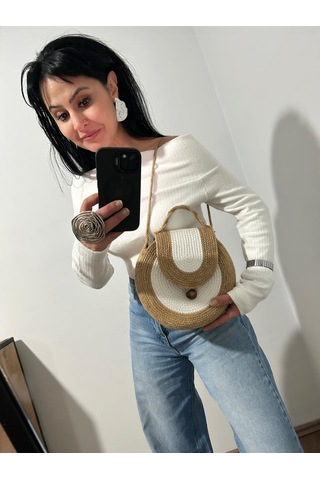 Hasır Çanta, Silindir Çanta, Tasarım Çanta,ekru Hasır El Çantası Hasır