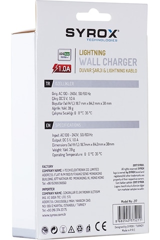 Syrox J17 iphone Uyumlu Lightning Kablolu Şarj Aleti Set 1.0A Beyaz (303963177)