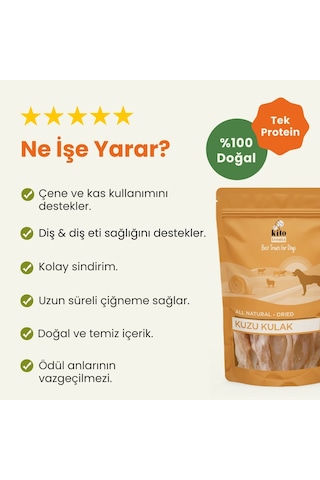 Kito Kurutulmuş Kuzu Kulak Çiğnemelik Doğal Glutensiz Organik Köpek Ödül Maması 100 G