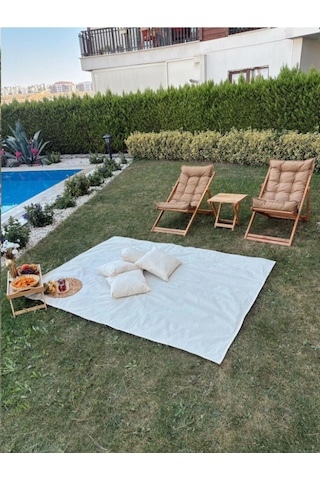 Pamuk Ham Keten Yer Masa Piknik Örtüsü Sofra Bezi 160 X 200 , 4 Minder 40 X 40 Set Bej