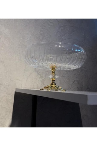 Alfafe Home Lotus Kristal 24 Cm Kesme Dekor Metal Ayaklı Salata Kasesi Cam Sunumluk- Servis Tabağı Gold