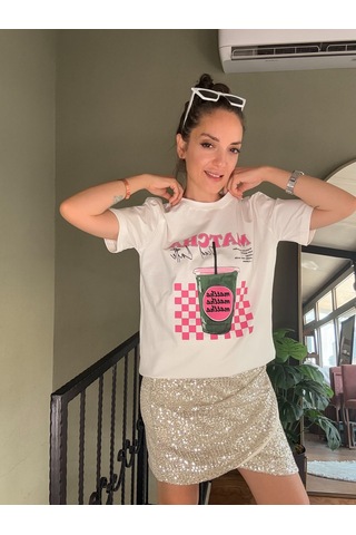 Ali Butik Ekru Matcha Iced Latte Baskılı Tişört