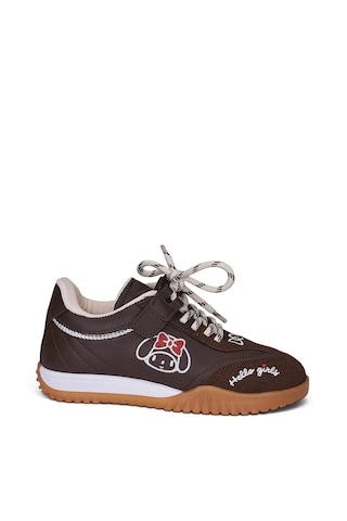 Zacoz Sevimli Karakter Nakışlı Cırtlı Bağcıklı Kız Çocuk Günlük Sneaker Kahverengi