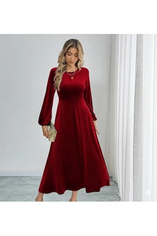 Efnaz Style Kadın Uzun Kollu Bisiklet Yaka Midi Kadife Elbise Bordo