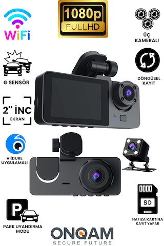 3 Kameralı 1080p Full Hd Hafıza Kartına Kayıtlı Hareket Algılamalı Araç Kamerası
