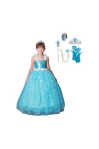 Elsa Kostümü Askılı Kabarık Tarlatanlı Kostüm Kız Çocuk Abiye Mavi