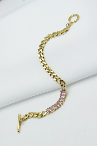 Altın Kaplama Seri Kararmaz Pembe Baget Taşlı Künye Zincir Gold