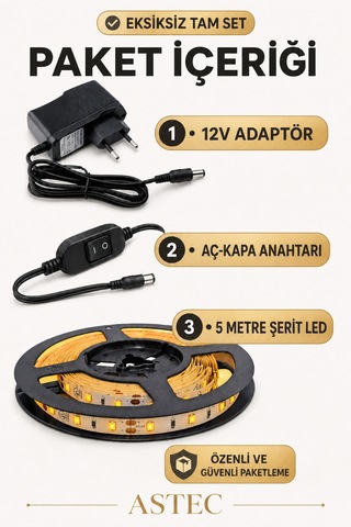 Astec Mutfak Dolabı Tezgah Üstü İçin 5 Metre Amber Renk 12v Adaptörlü Aç Kapa Anahtarlı Şerit Led Işık