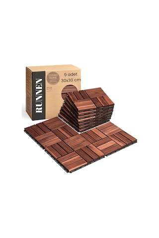 Runnen Akasya Ağacı Yer Karosu 9 Adet Bahçe Banyo Deck Ahşap Karo Masif Yer Döşemesi Balkon Deck
