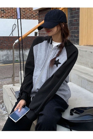 Oversize Yıldız Baskılı Gri - Siyah Reglan Kol Hırka Gri-siyah