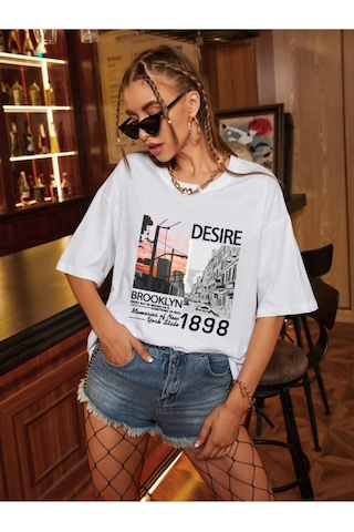 Kadın Beyaz Oversize Desire Baskılı T-shirt Beyaz-67149