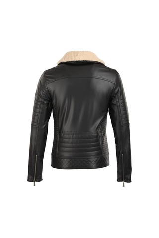 Oliggopol Erkek Siyah Kuzey Yaka Kürklü Slim Fit Deri Ceket Mont Siyah