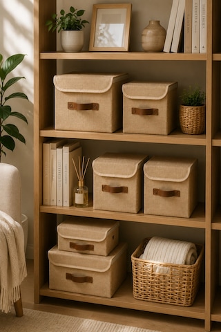 Dolap Düzen Seti 4lü Organizer Kutu 2 Adet 20x20x20 Cm + 2 Adet 25x25x25 Cm Kapaklı Jüt Saklama Kutusu Doğal