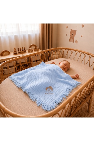 Minimoms %100 Pamuk 4 Katlı Müslin Bebek - Çocuk Battaniyesi 100x120 CM - Yumuşak Yenidoğan Kız ve Erkek Bebek Örtüsü Bebe Mavi
