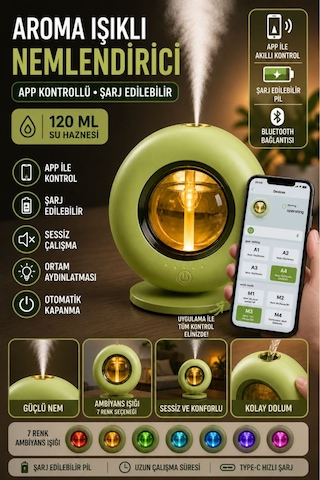 Ultrasonik Hava Nemlendirici Aroma Difüzör 120ml Usb Ve Pilli Çalışan Uygulama Kontrolü Zaman Ayarlı Krem