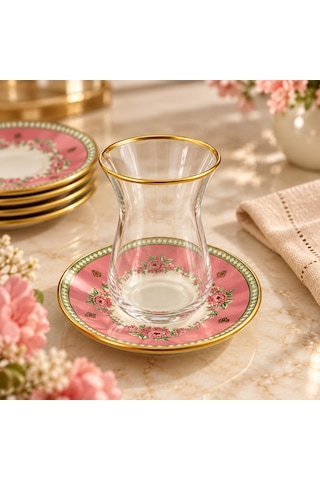 6 Kişilik Çay Seti Çay Bardağı Takımı Pembe Çiçekli Altın Yaldızlı