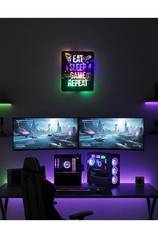 Oyun Odasının Kalbi - Eat Sleep Game Repeat Gamer Işıklı Duvar Dekorasyonu 40x30 Cm