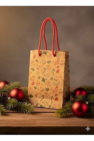 Yılbaşı Tasarımlı Kraft Karton Çanta Seti-25li, Kırmızı İpli Parti, Noel, Hediye Çantası, 12x17 Cm Standart