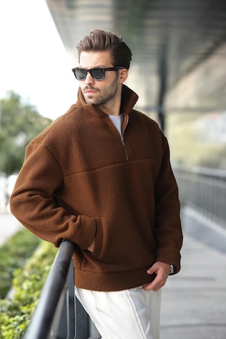 Madmext Kahverengi Yarım Fermuarlı Dik Yaka Polar Sweatshirt E7165 Kahverengi