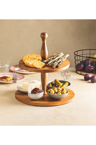 Justwood 2 Katlı Düz Tabaklı Ahşap Kek Pasta Sunumluk Standı, Ser