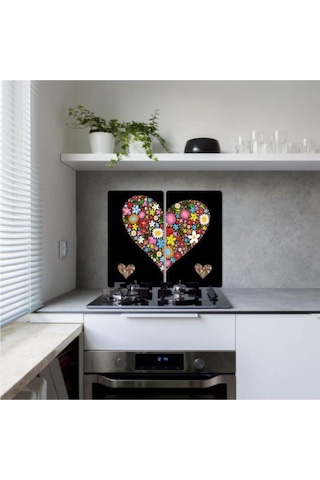 Dekoratif Cam Ocak Koruyucu ve Kesim Tahtası Siyah Kalp 60Cm X 52