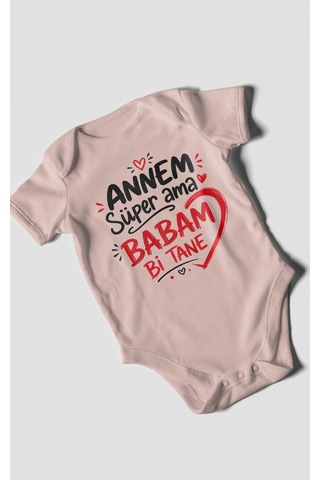 Morivokids Annem Süper Ama Babam Bi Tane Kısa Kollu Bebek Body %100 Pamuk Pastel Pembe