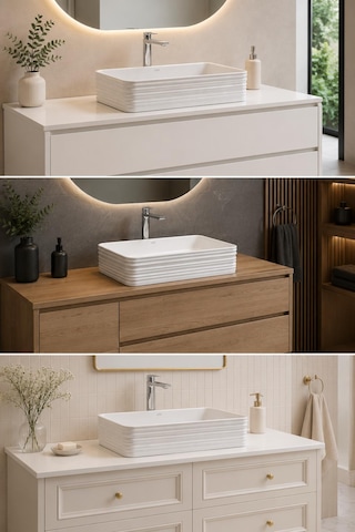 Lena E-2106 Tezgah Üstü Porselen Lavabo Dikdörtgen Beyaz Set Üstü Lavabo