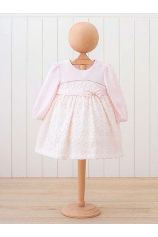 Miomini Baby Kız Bebek Çizgili Fiyonklu Şık Elbise-15173 Pudra