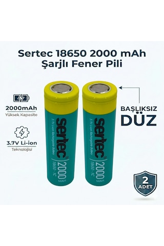 Sertec 18650 Şarjlı Pil 2000mah Fener Pili 3.7v Li-ion Başlıksız Düz 2li