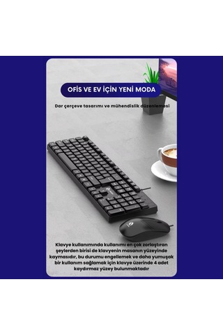 Coofbe Sessiz Yumuşak Tuşlu Ofis Bilgisayar Laptop Kablolu Klavye Ve Mouse Seti 104 Tuşlu Q Klavye