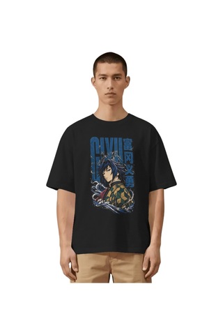Unisex Oversize Giyu Tomioka Demon Slayer Anime Karakter Ön Baskı Siyah