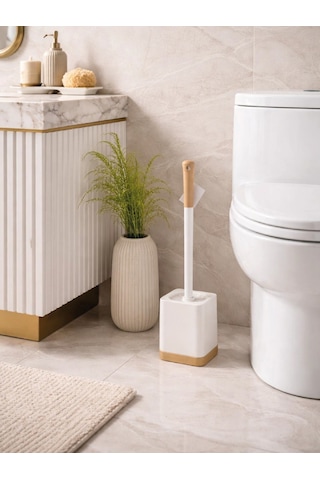 Ahşap Detaylı Modern Tuvalet Fırçası Ve Standı Şık, Kapalı Hazneli Wc Fırçası Vıchy-7040 Gümüş